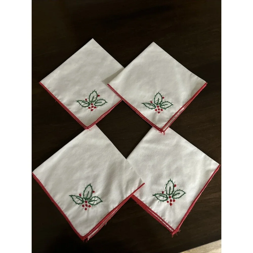 Vintage Embroidered Holly Christmas Napkins Set Of 4